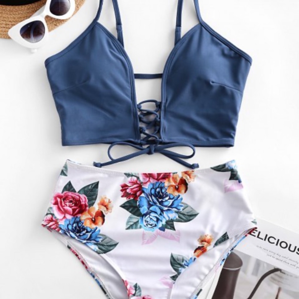 Two piece lace up floral bikini